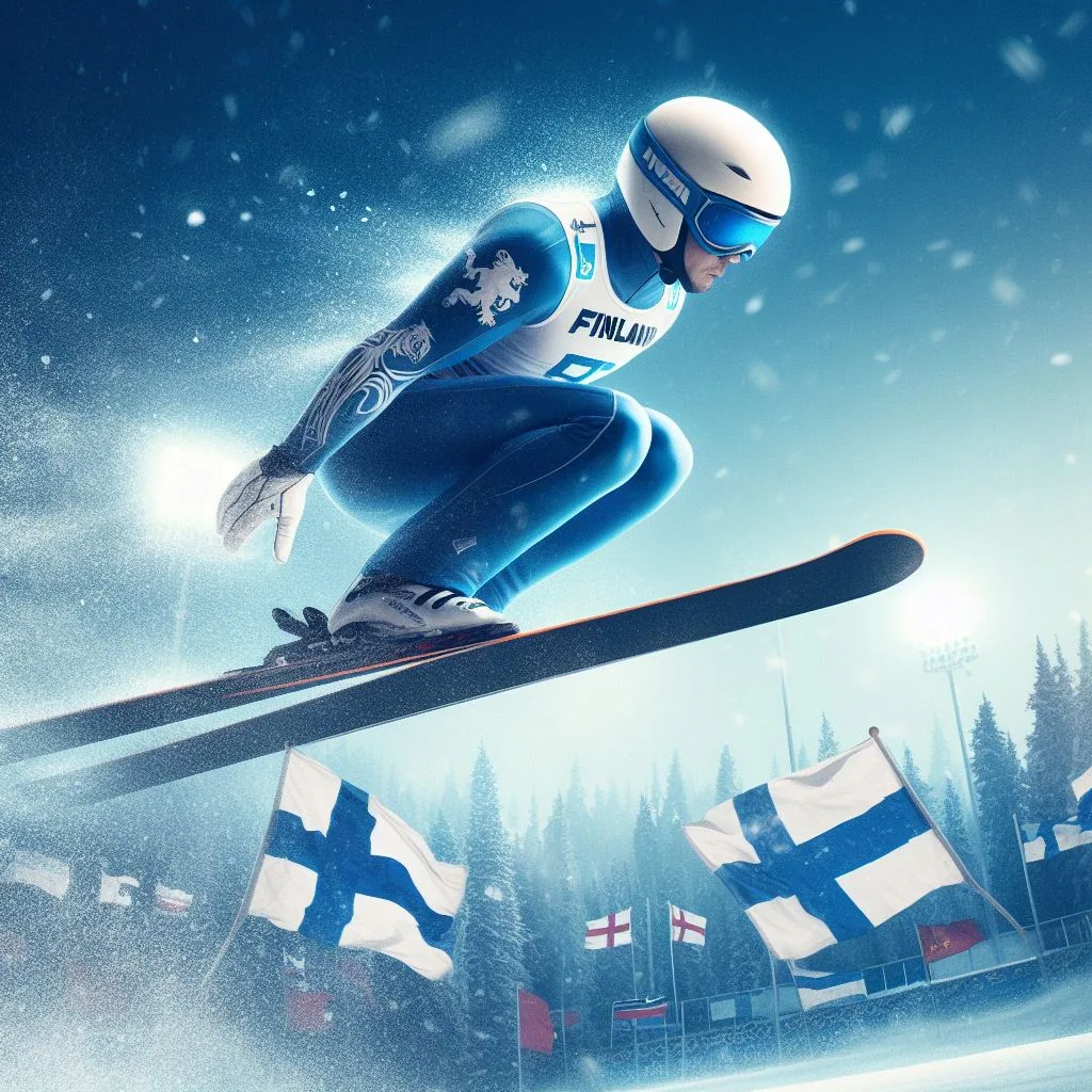Mäkihyppääjä Suomen sinisessä hyppyasussa, miettien, olisiko lentomäen rakentaminen voinut pelastaa Suomen mäkihypyn